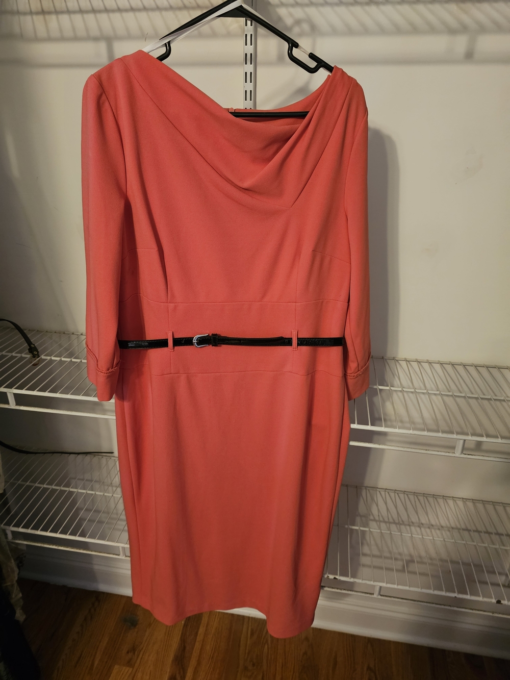 Donna Morgan Coral Drape-Neck Long Sleeve Sheath with Black Belt